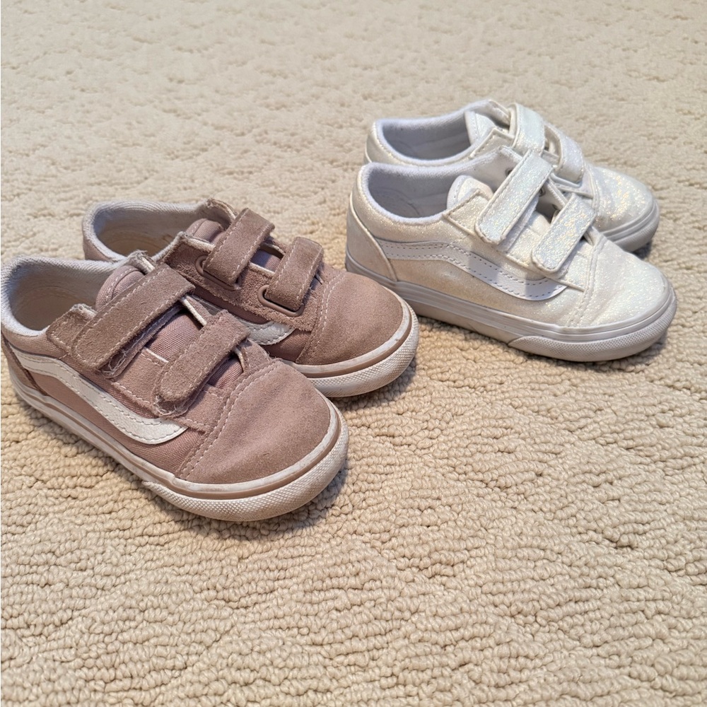 Vans Girls toddler size 8 Velcro sneakers white sparkles and taupe